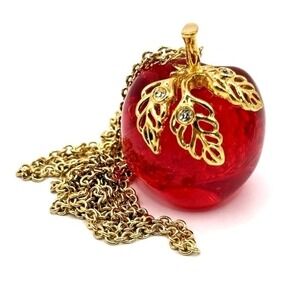 Avon Large Lucite Apple Pendant Necklace 31" Gold Tone Red Rhinestone Accents